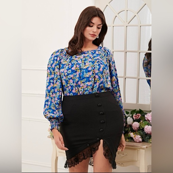 Women Plus 3X Floral Blue Long Sleeve Top Boho Feminine Garden Cottagecore - Picture 12 of 14